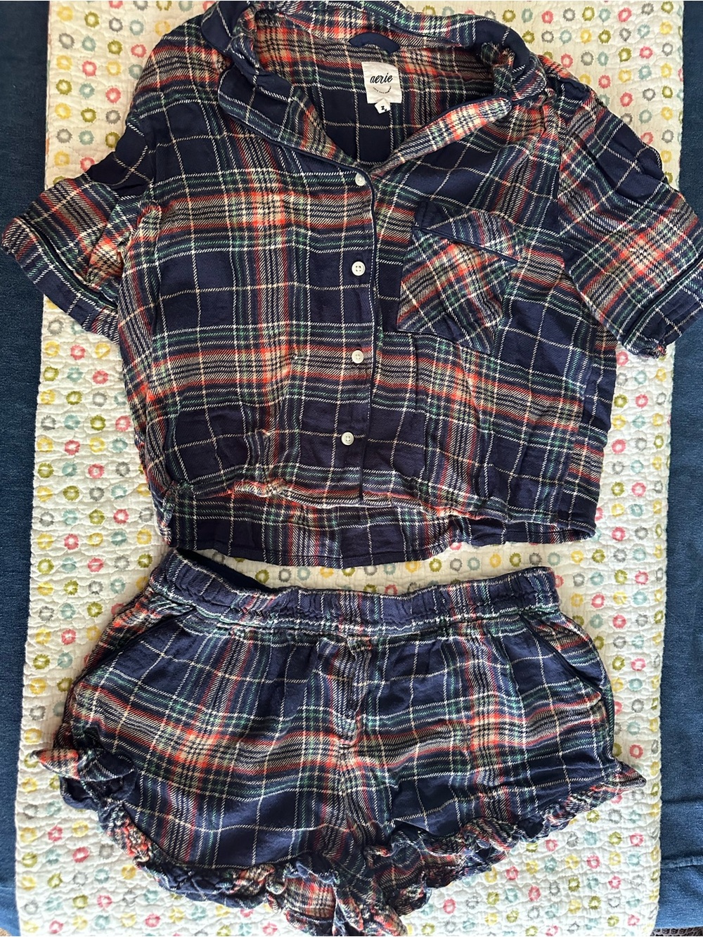 Aerie Navy Plaid Pajama Set - Navy Red Plaid Shirt & Shorts